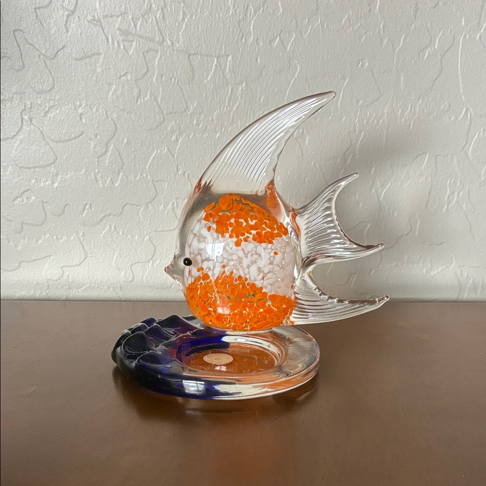 Art Glass Fish Candle Holder PartyLite Orange Blue Murano Style Coastal Decor